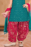 Green & Red Green Seqiuns Embroidered Patiala Set with Dupatta For Girls