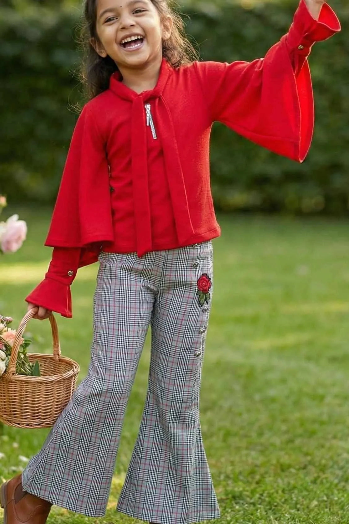 Red Bell-Sleeve Top & Checked Pants Set For Girls