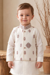 Boys Elegant White Sequin Embellished Geometric Embroidered Dhoti Set with Nehru Jacket