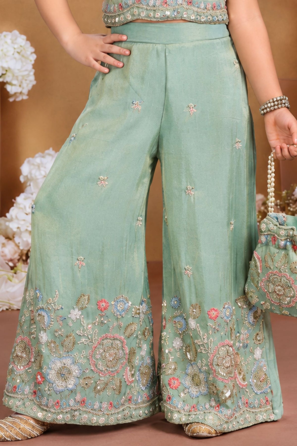 Girls Elegant Pista Green Floral Embroidered Palazzo Set