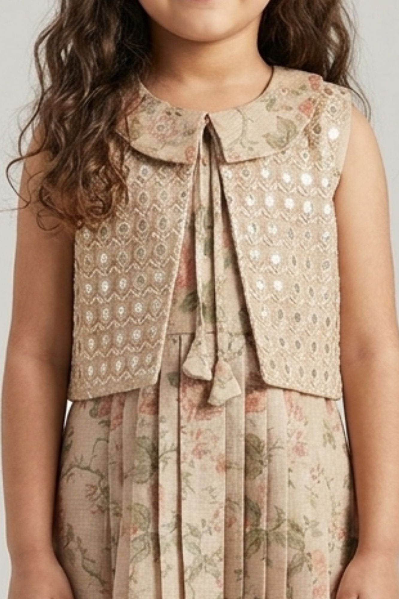 Girls Beige Floral Printed Dress with Embroidered Layered Panel