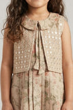 Girls Beige Floral Printed Dress with Embroidered Layered Panel