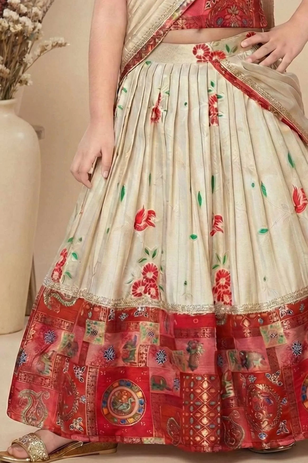 Red Patchwork Lehenga Choli with Attached Dupatta for Girls