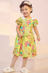 Stylish Yellow Casual Printed Frock For Girls