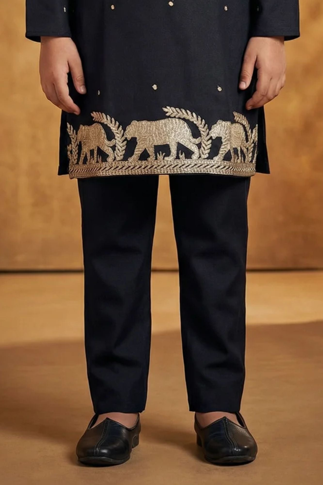 Boys Black Kurta Pajama Set With Golden Zari Embroidery And Shawl