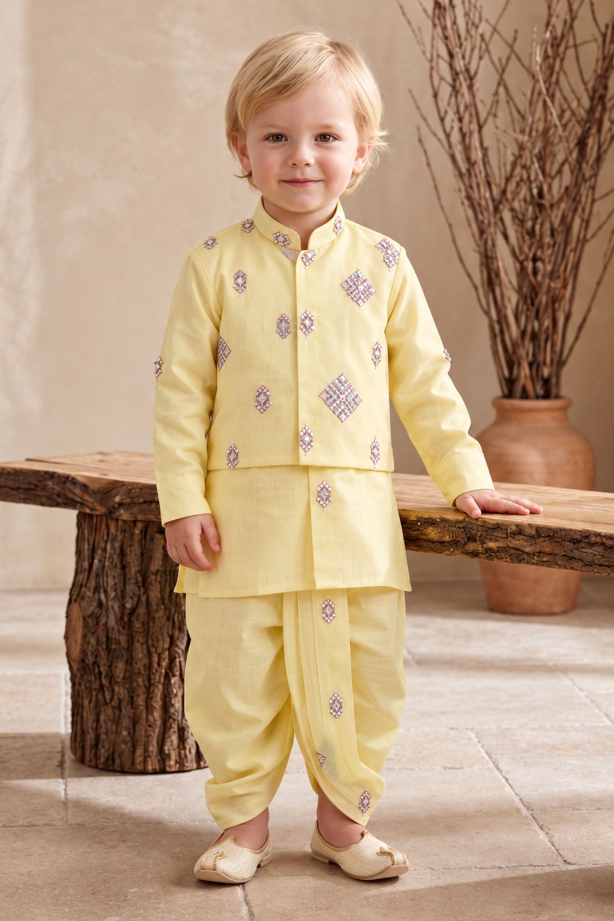 Boys Elegant Yellow Sequin Embellished Geometric Embroidered Dhoti Set with Nehru Jacket