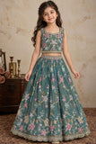 Girls Blue With Multicolor Floral Sequin Embellished Lehenga Choli Set