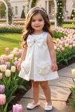 Girls White Bow And Floral Applique Party Wear Frock