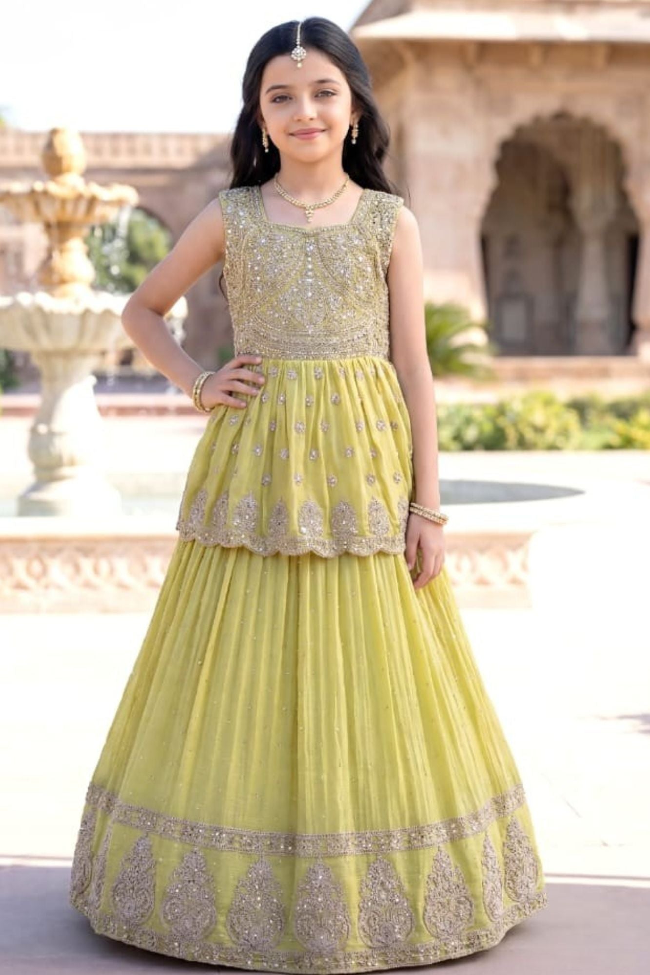 Yellow Zari Embroidered Peplum Top With Lehenga Set For Girls