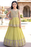 Yellow Zari Embroidered Peplum Top With Lehenga Set For Girls
