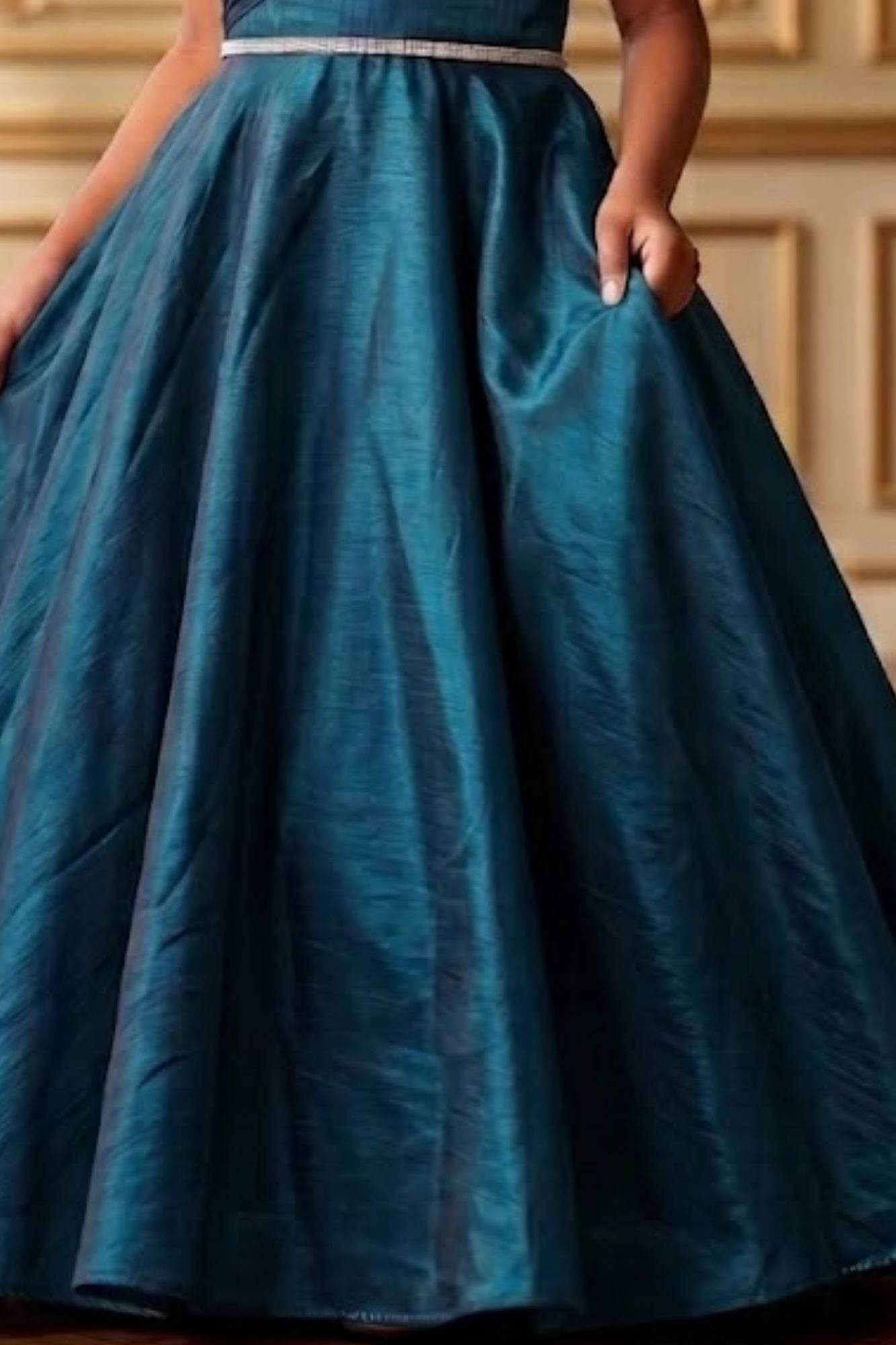 Girls Teal Blue One-Shoulder Party Gown with Floral Applique