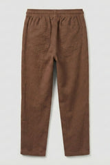 Brown Linen Straight-Fit Pants with Elastic Waist For Boys