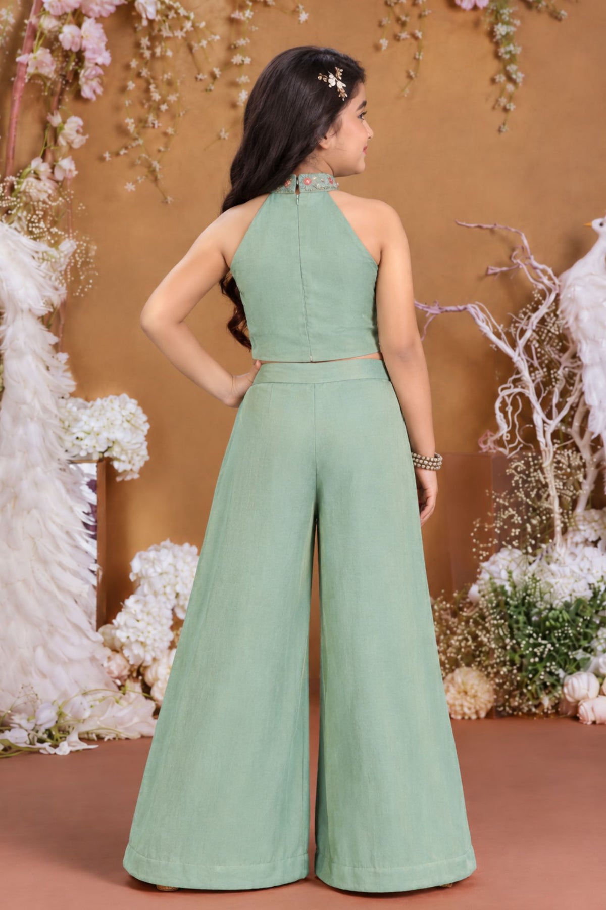 Girls Elegant Pista Green Floral Embroidered Palazzo Set