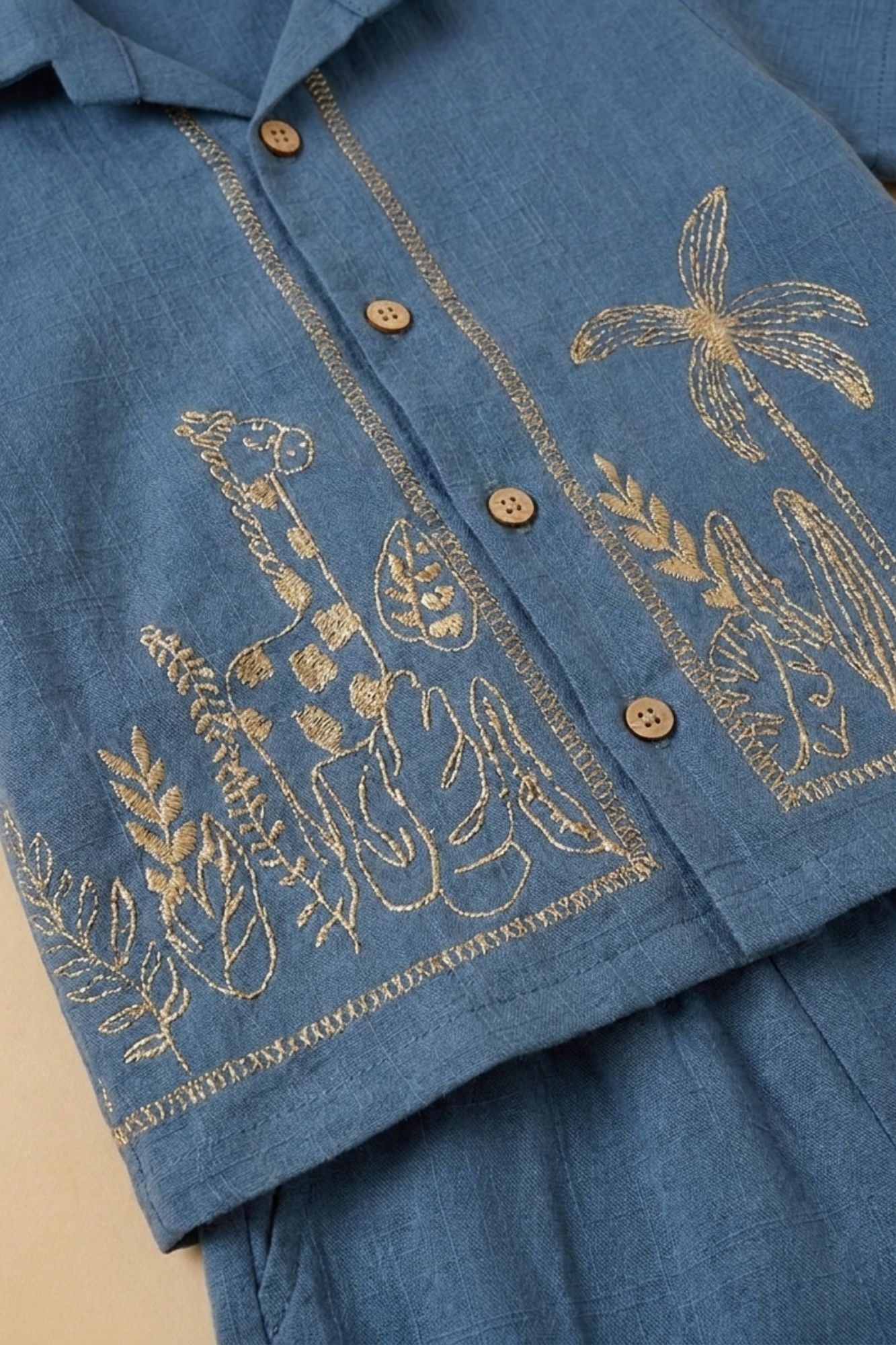 Boys Navy Blue Tropical Embroidered Shorts Set with Collared Shirt