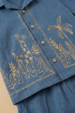 Boys Navy Blue Tropical Embroidered Shorts Set with Collared Shirt