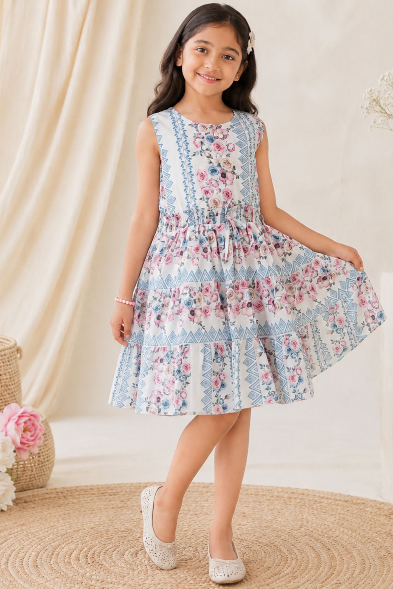 Stylish Cream Floral Printed Casual Frock For Girls