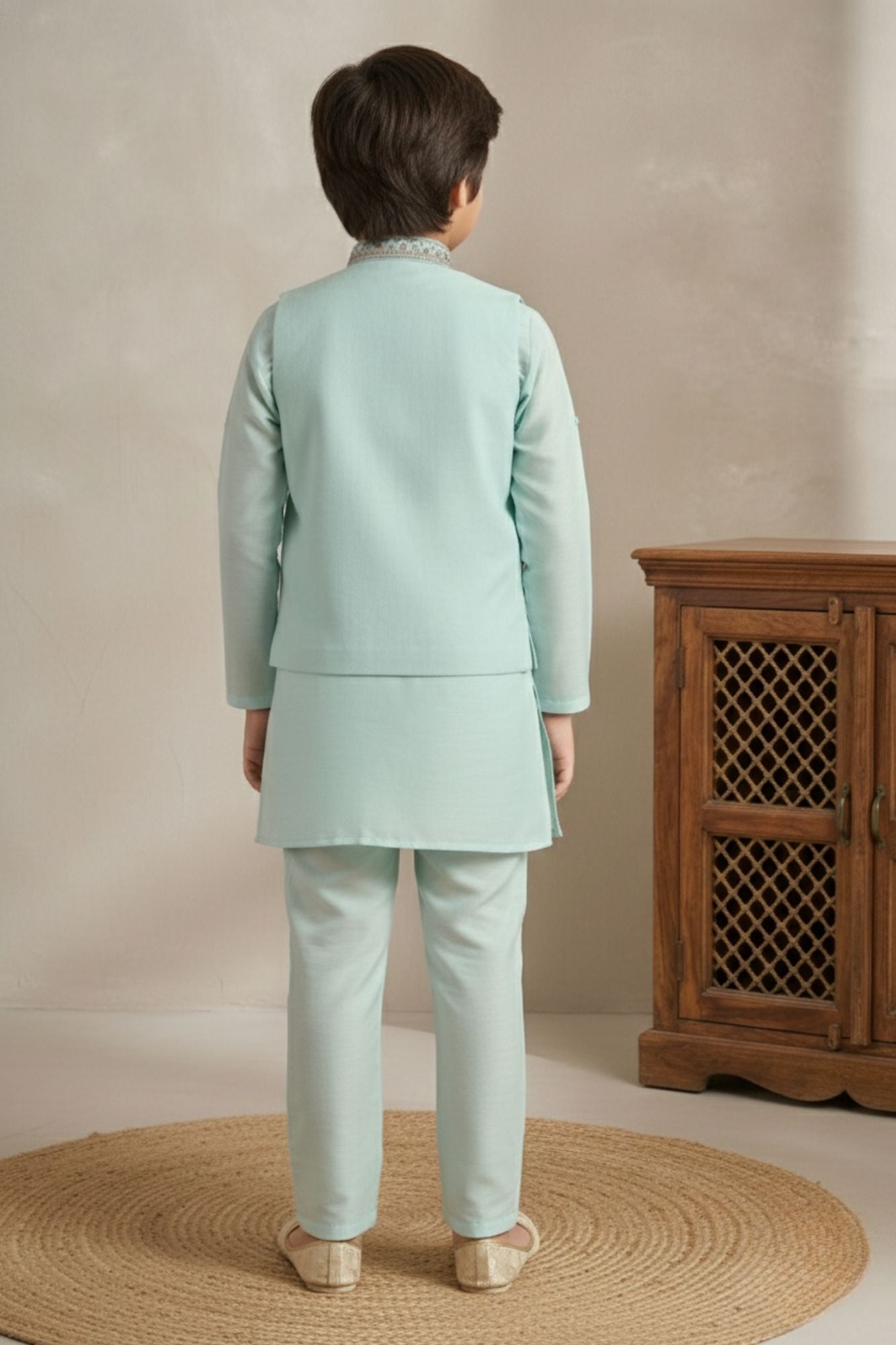 Firozi Embroidered Kurta Set with Nehru Jacket For Boys