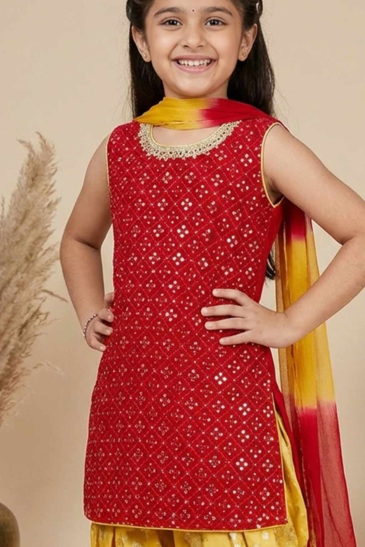 Red & Yellow Seqiuns Embroidered Patiala Set with Dupatta For Girls