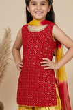 Red & Yellow Seqiuns Embroidered Patiala Set with Dupatta For Girls