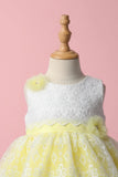 Yellow & White Embroidered Party Frock with Floral Appliqué For Girls