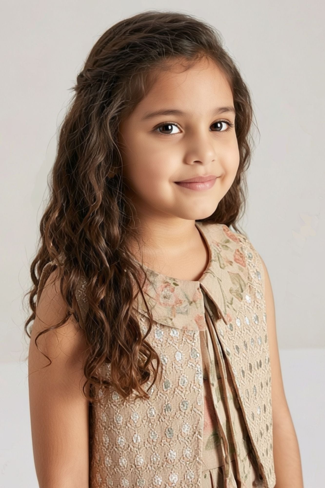Girls Beige Floral Printed Dress with Embroidered Layered Panel