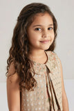 Girls Beige Floral Printed Dress with Embroidered Layered Panel