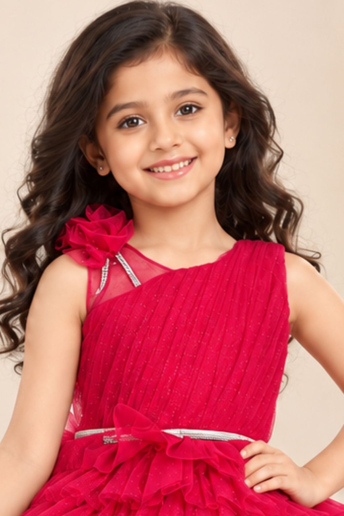 Bold Rani Pink Layered High-Low Partywear Frock For Girls