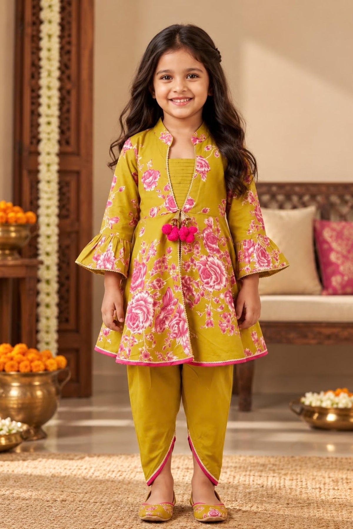 Girls Mustard Floral Printed Kurti with Dhoti Pants Set