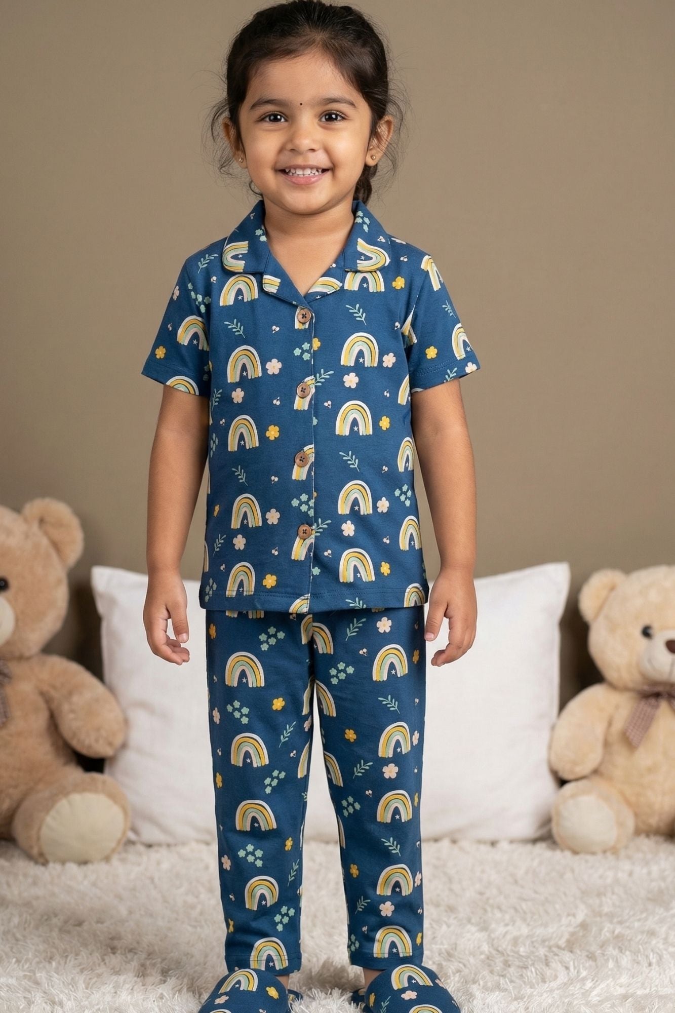 Blue Rainbow Print Night Suit Set For Girls