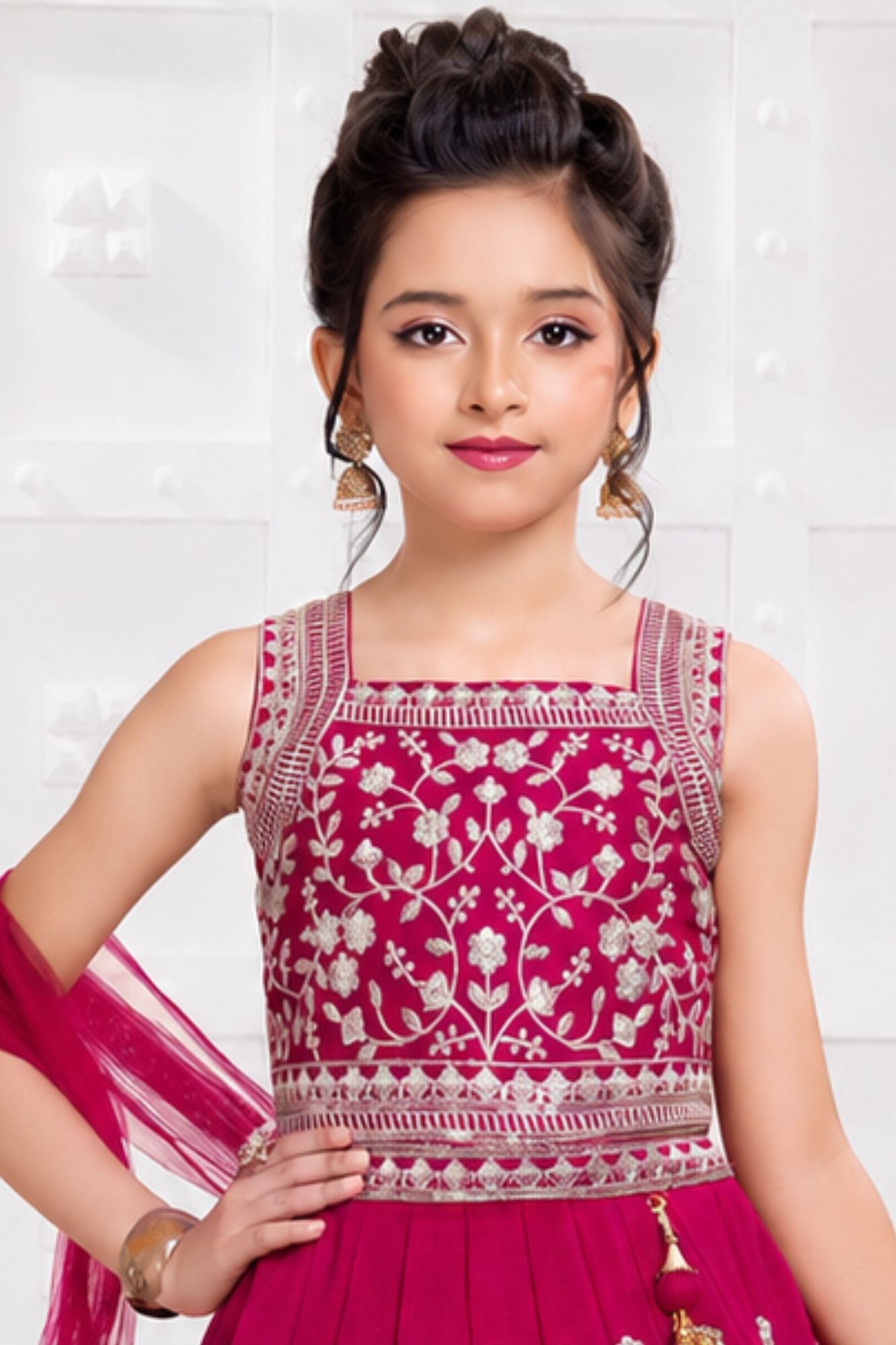 Girls Rani Pink Floral Zari Embroidered Lehenga Choli Set With Dupatta