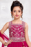 Girls Rani Pink Floral Zari Embroidered Lehenga Choli Set With Dupatta