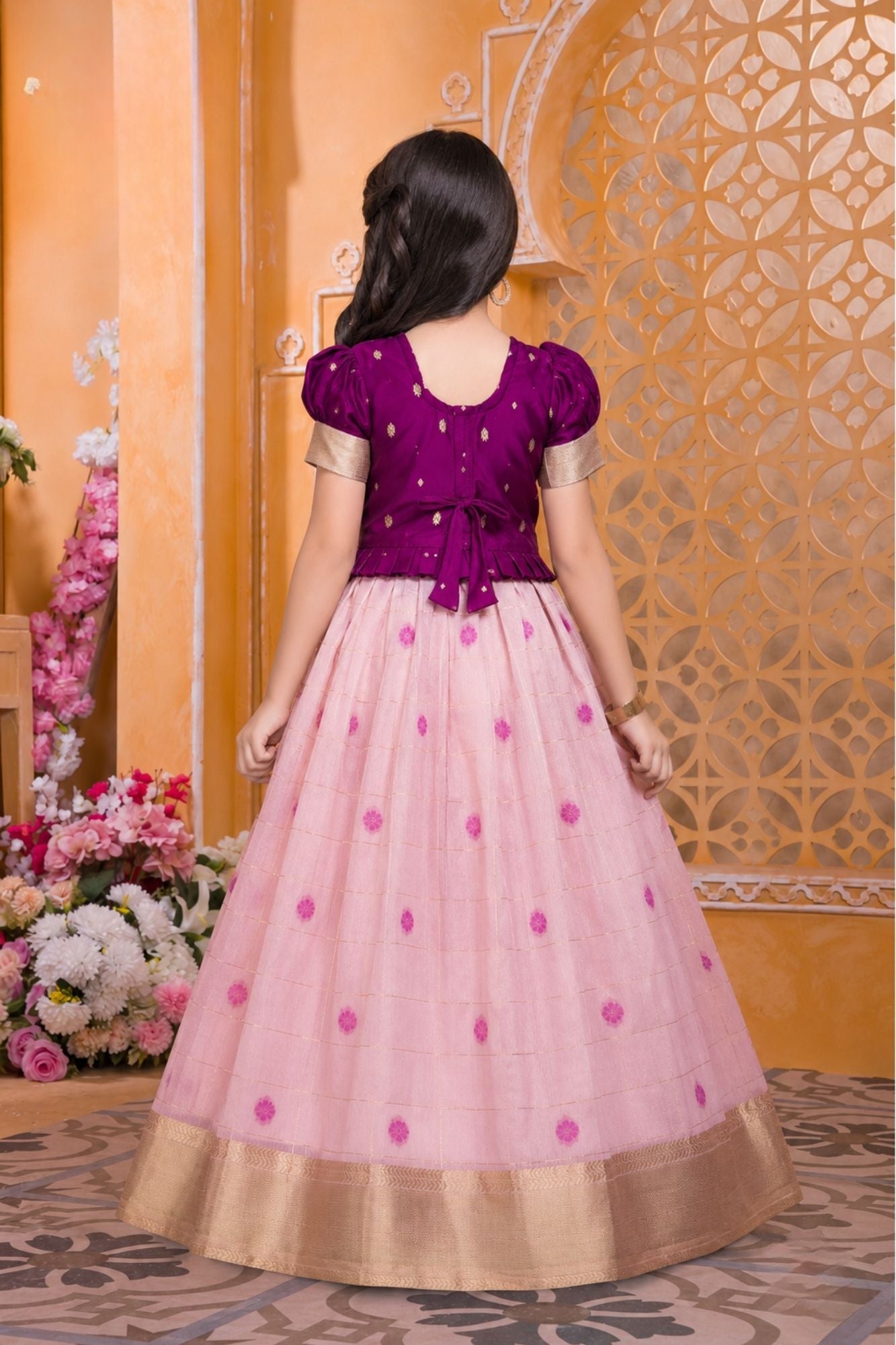 Wine & Blush Pink Pattu Pavadai with Puff Sleeves For Girls