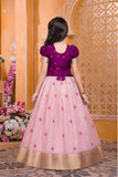 Wine & Blush Pink Pattu Pavadai with Puff Sleeves For Girls