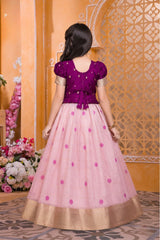 Wine & Blush Pink Pattu Pavadai with Puff Sleeves For Girls