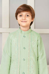 Pista Green Kurta Set And Open Jacket With Embroidery Work For Boys