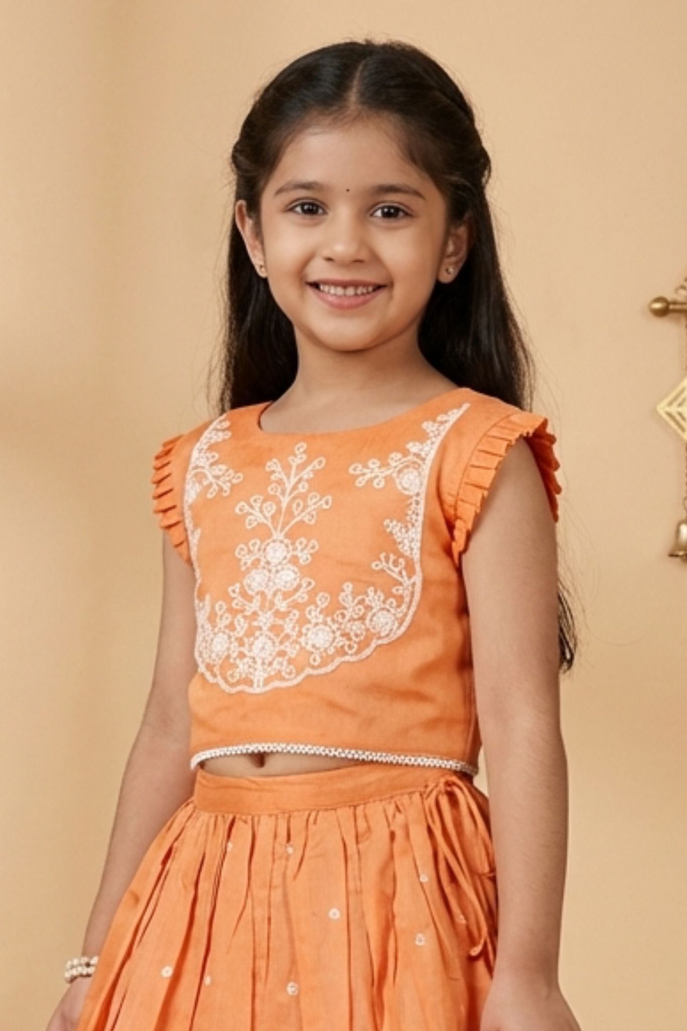 Bright Orange Embroidered Lehenga Choli Set For Girls