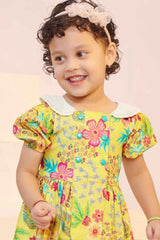 Stylish Yellow Casual Printed Frock For Girls