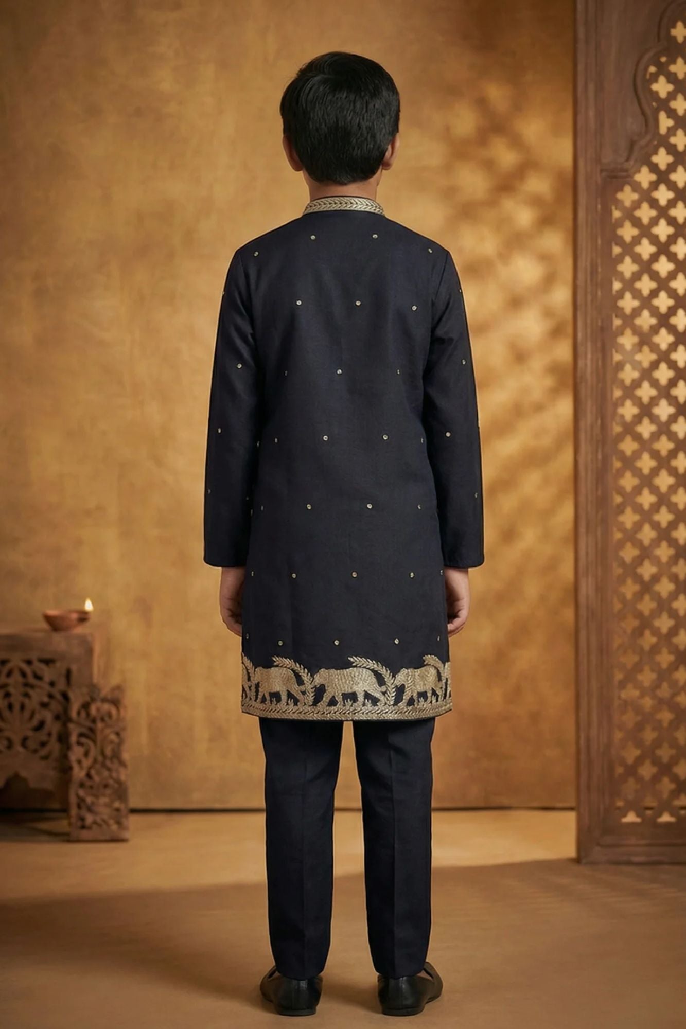 Boys Black Kurta Pajama Set With Golden Zari Embroidery And Shawl