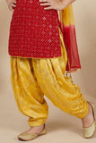 Red & Yellow Seqiuns Embroidered Patiala Set with Dupatta For Girls