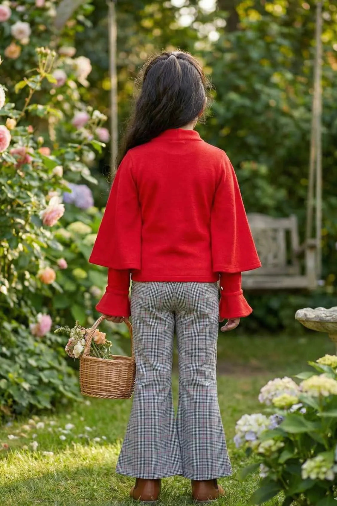 Red Bell-Sleeve Top & Checked Pants Set For Girls
