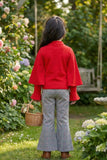 Red Bell-Sleeve Top & Checked Pants Set For Girls