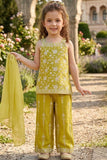 Girls Lemon Green Floral Embroidered Palazzo Set with Dupatta