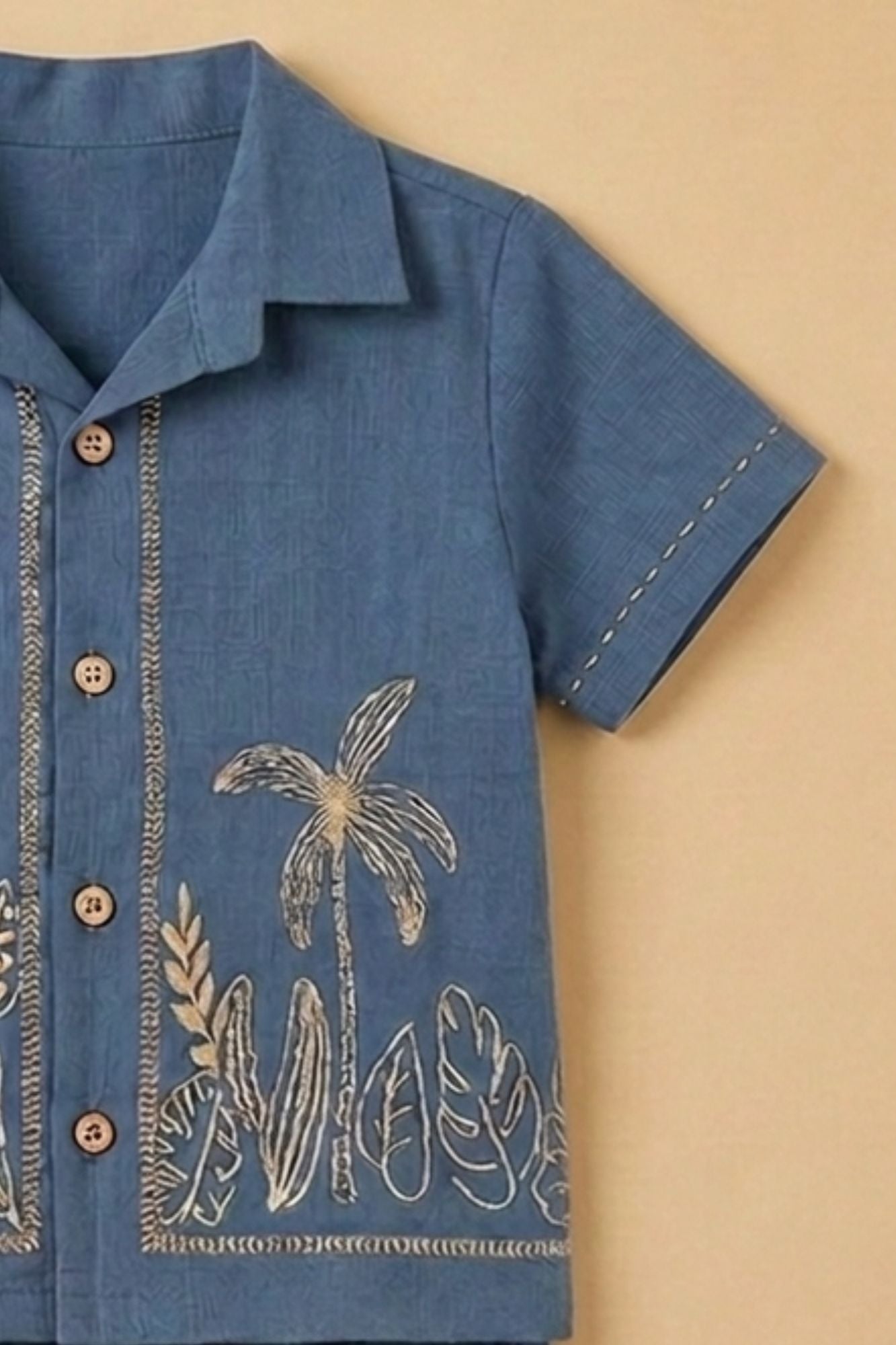 Boys Navy Blue Tropical Embroidered Shorts Set with Collared Shirt