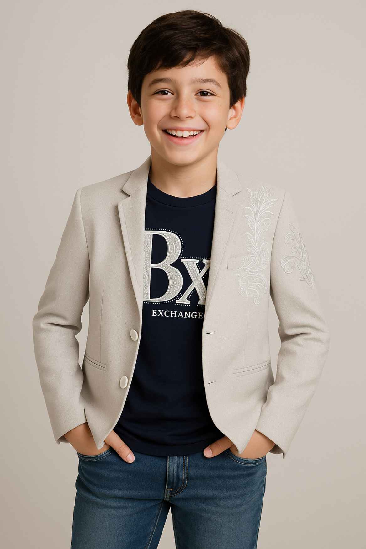 Grey Embroidered Blazer With T-shirt For Boys