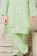 Pista Green Kurta Set And Open Jacket With Embroidery Work For Boys