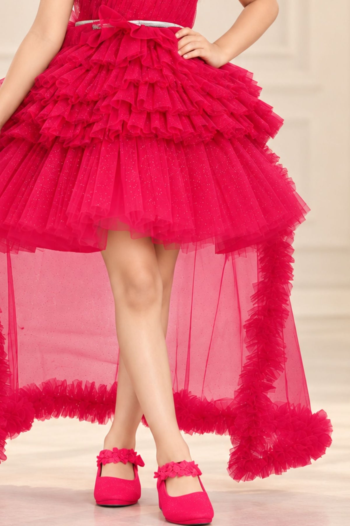 Bold Rani Pink Layered High-Low Partywear Frock For Girls