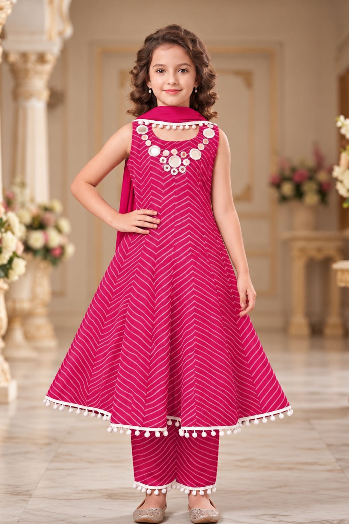 Girls Pink Embellished Kurta Set With Dupatta