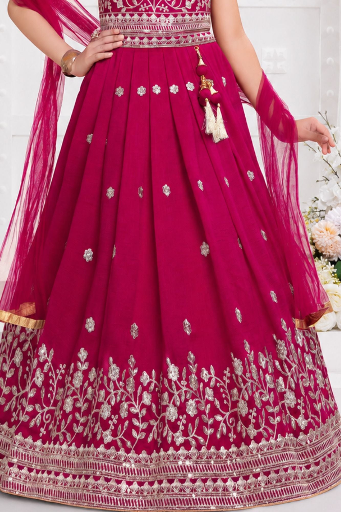 Girls Rani Pink Floral Zari Embroidered Lehenga Choli Set With Dupatta