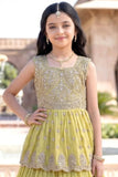 Yellow Zari Embroidered Peplum Top With Lehenga Set For Girls