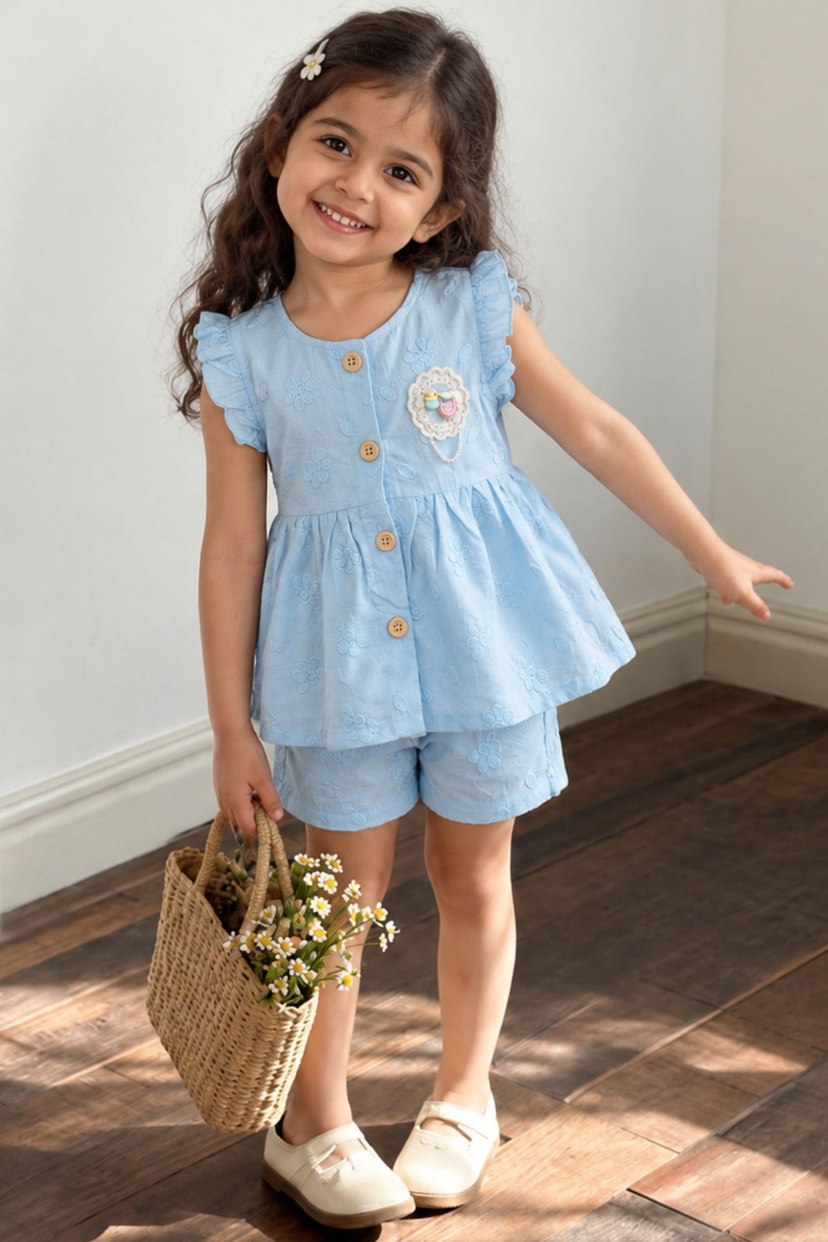 Charming Girls Sky Blue Textured Top & Shorts Set with Ruffle Details